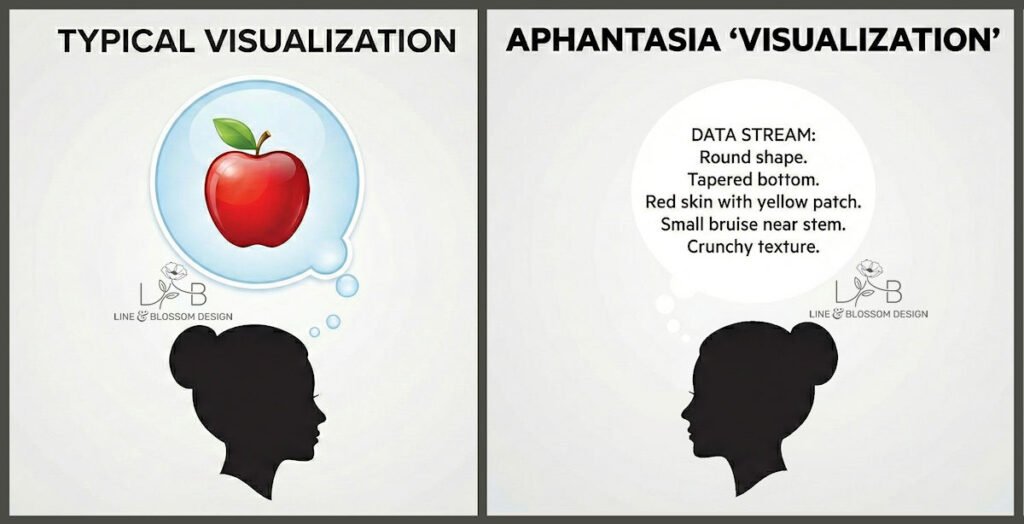 Comparison graphic illustrating aphantasia; the left side shows a visual image of a red apple representing typical visualization, while the right side shows a text list of data points like 'round, red, shiny,' representing the non-visual, data-driven processing of an aphantasic brain.