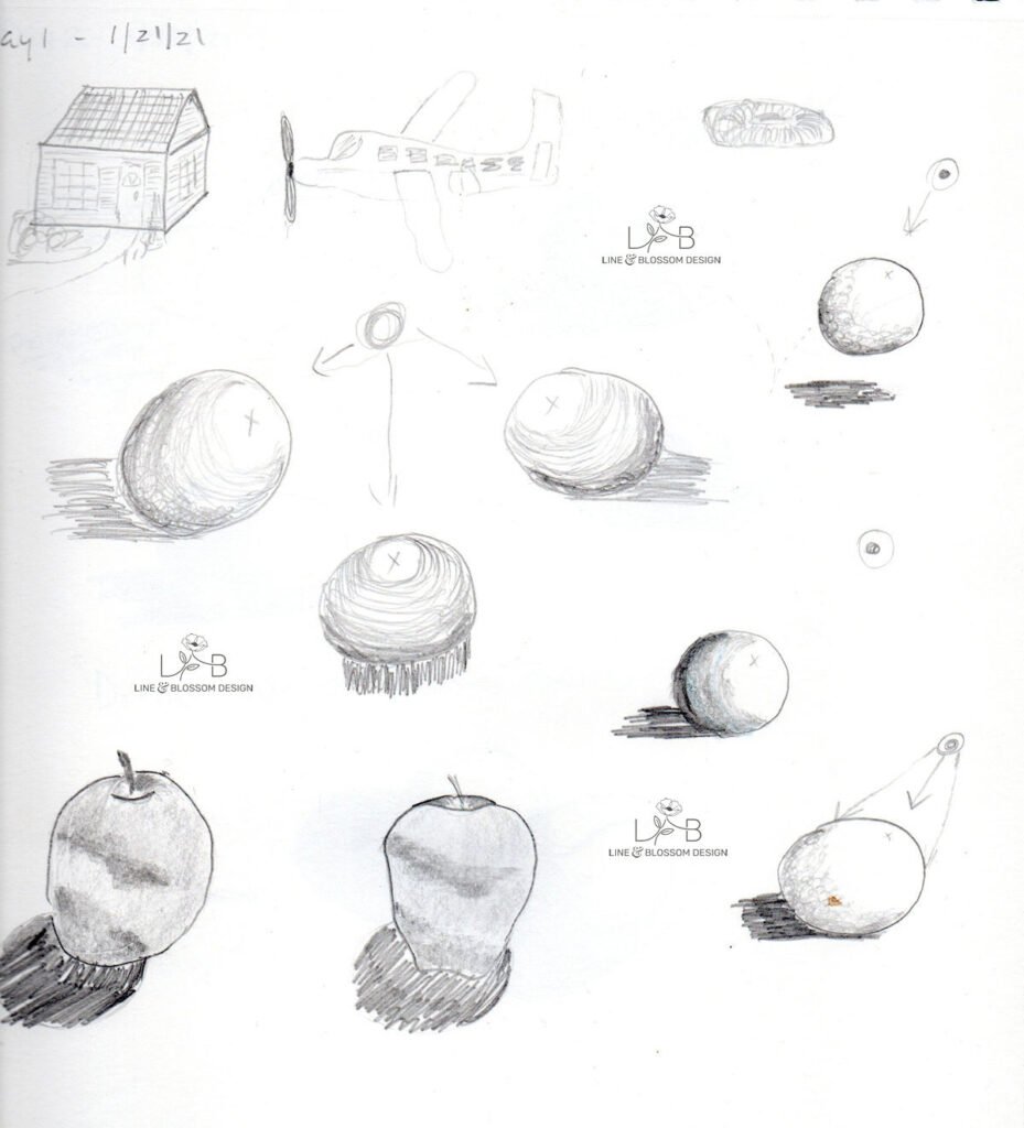 Learn to draw at any age. Day 1 beginner pencil drawings showing flat symbolic shapes at top and first attempts at shading spheres and apples at bottom on sketchbook page