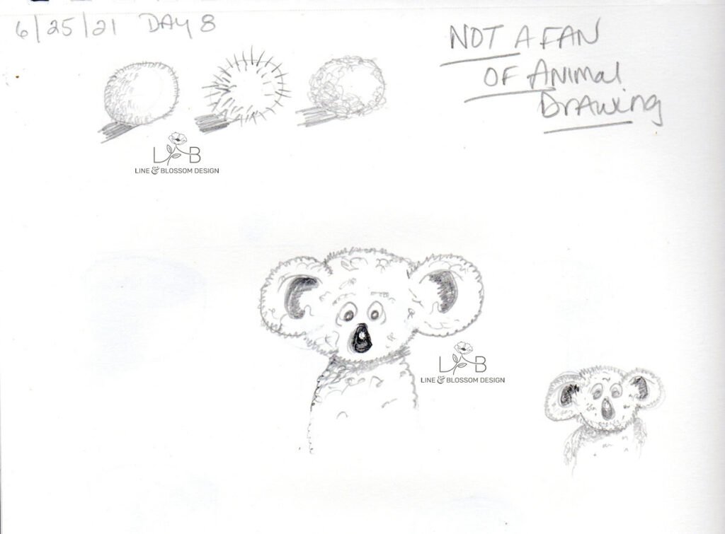subtraction method. Beginner sketch of a koala with a handwritten note saying "not a fan of animal drawing," demonstrating how to find your art style by identifying what you dislike.