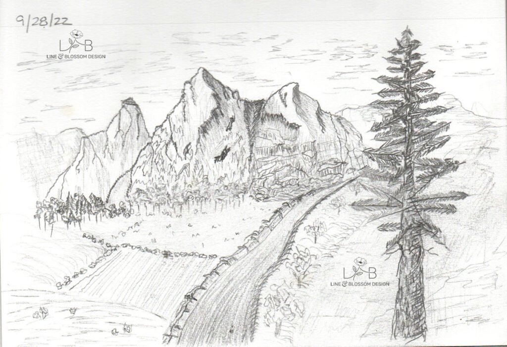 subtraction method. Pencil sketch from September 2022 showing mountains and a pine tree, illustrating a beginner artist's attempt at landscape drawing before discovering their niche.