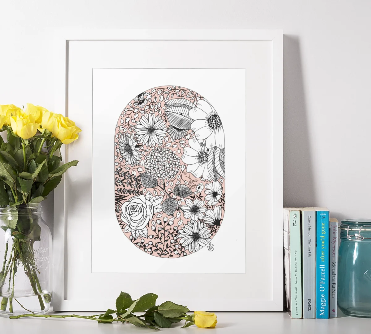 Cameo Meadow botanical collage art print in white frame with yellow roses by Line and Blossom Design