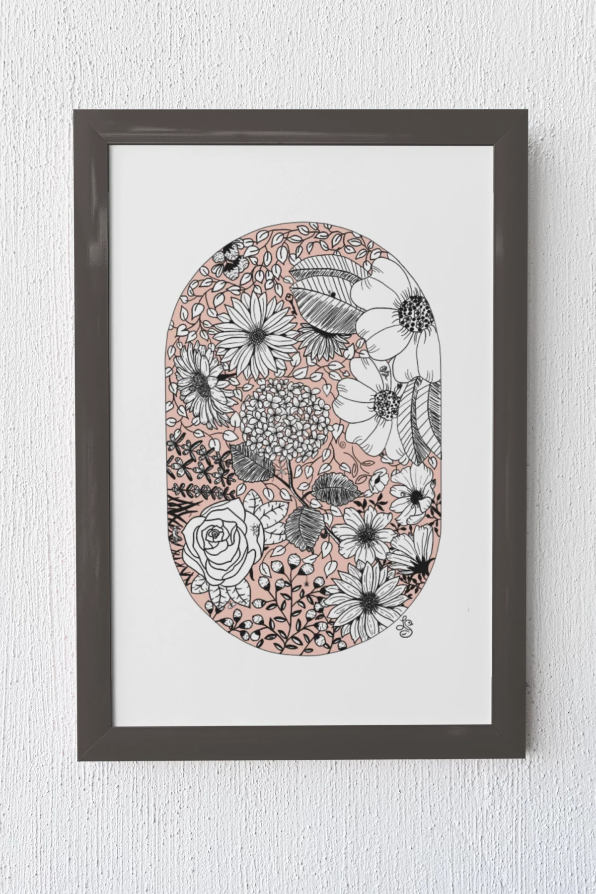 Cameo Meadow botanical collage art print in dark frame wall display by Line and Blossom Design