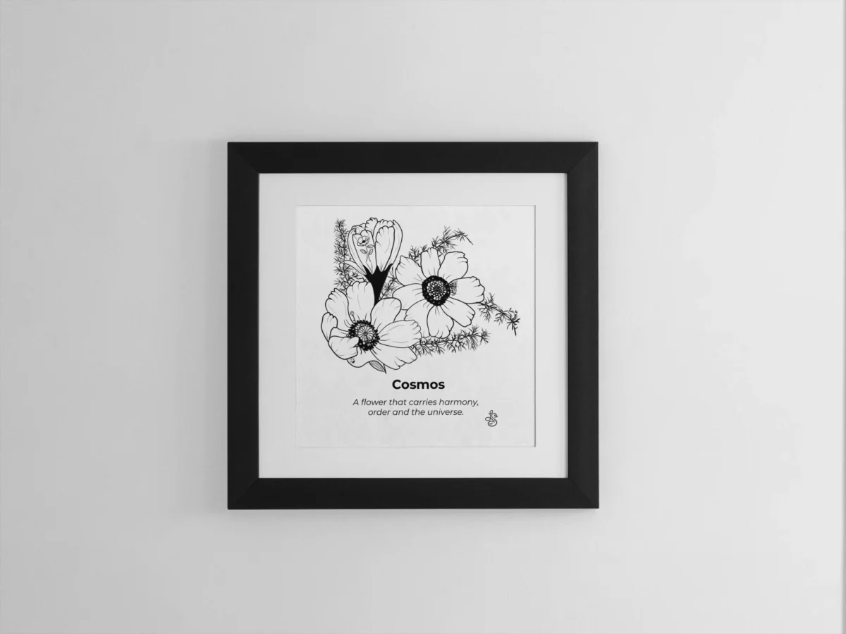 Cosmos Inspiration | Botanical Line Art Print | Hidden Object Floral Wall Art | 8x8