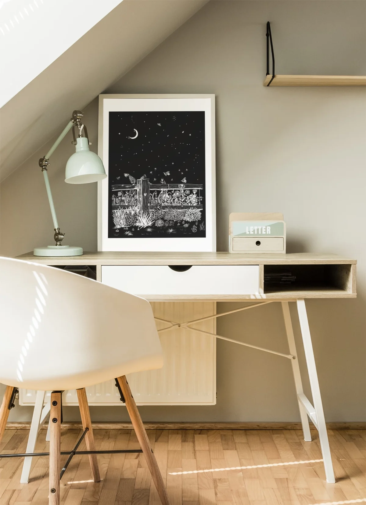 Fieldside After Dark | White on Black Botanical Wall Art | Hidden Object Line Art Print | 16x20