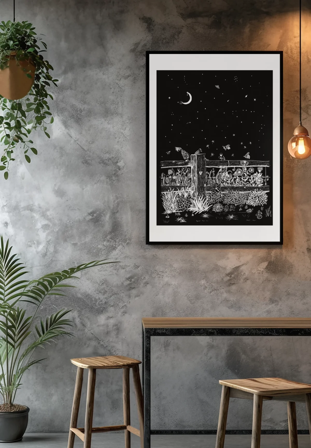 Fieldside After Dark | White on Black Botanical Wall Art | Hidden Object Line Art Print | 16x20