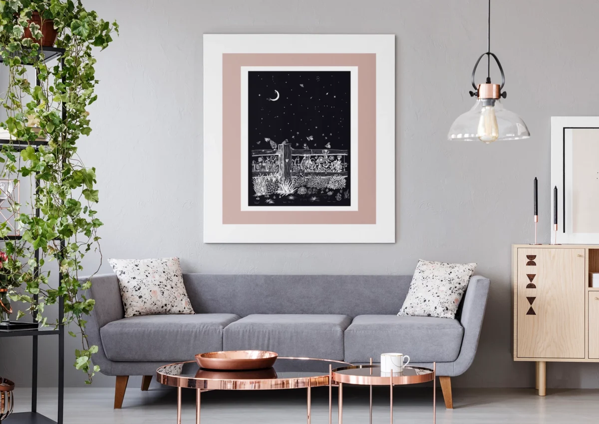 Fieldside After Dark | White on Black Botanical Wall Art | Hidden Object Line Art Print | 16x20