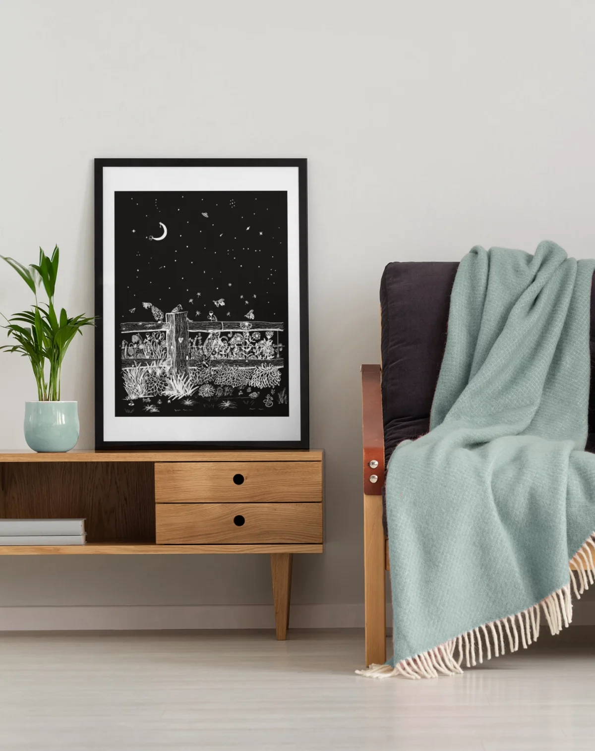 Fieldside After Dark | White on Black Botanical Wall Art | Hidden Object Line Art Print | 16x20