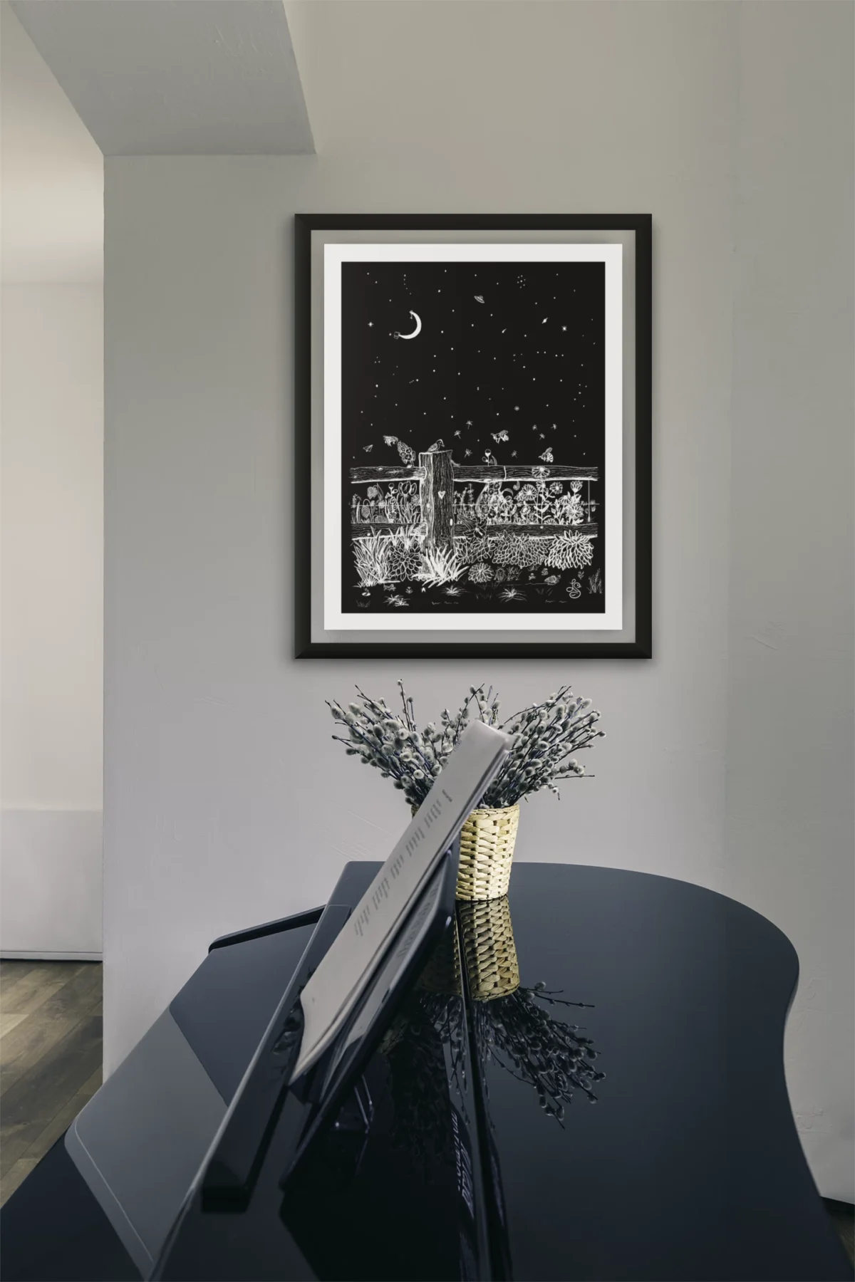 Fieldside After Dark | White on Black Botanical Wall Art | Hidden Object Line Art Print | 16x20