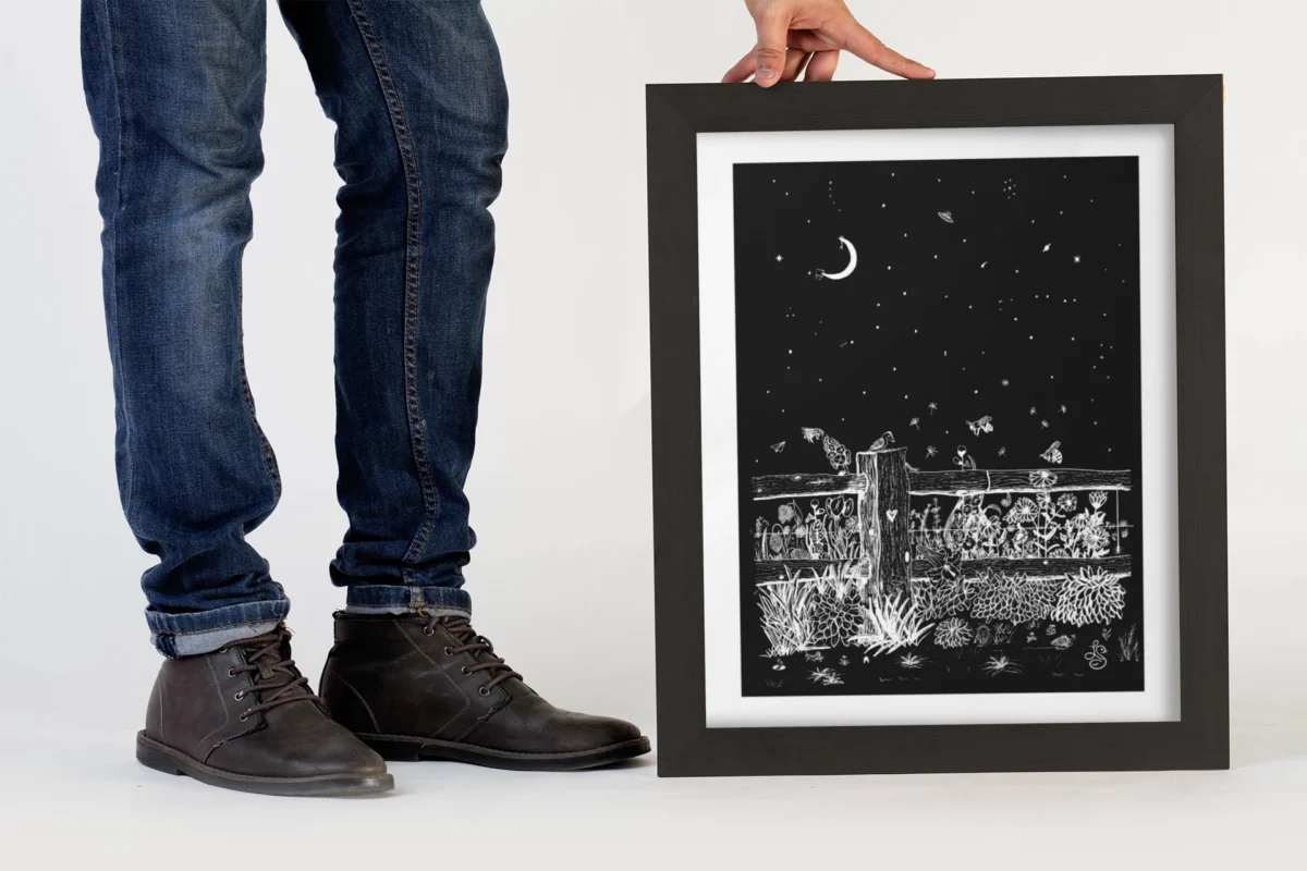 Fieldside After Dark | White on Black Botanical Wall Art | Hidden Object Line Art Print | 16x20