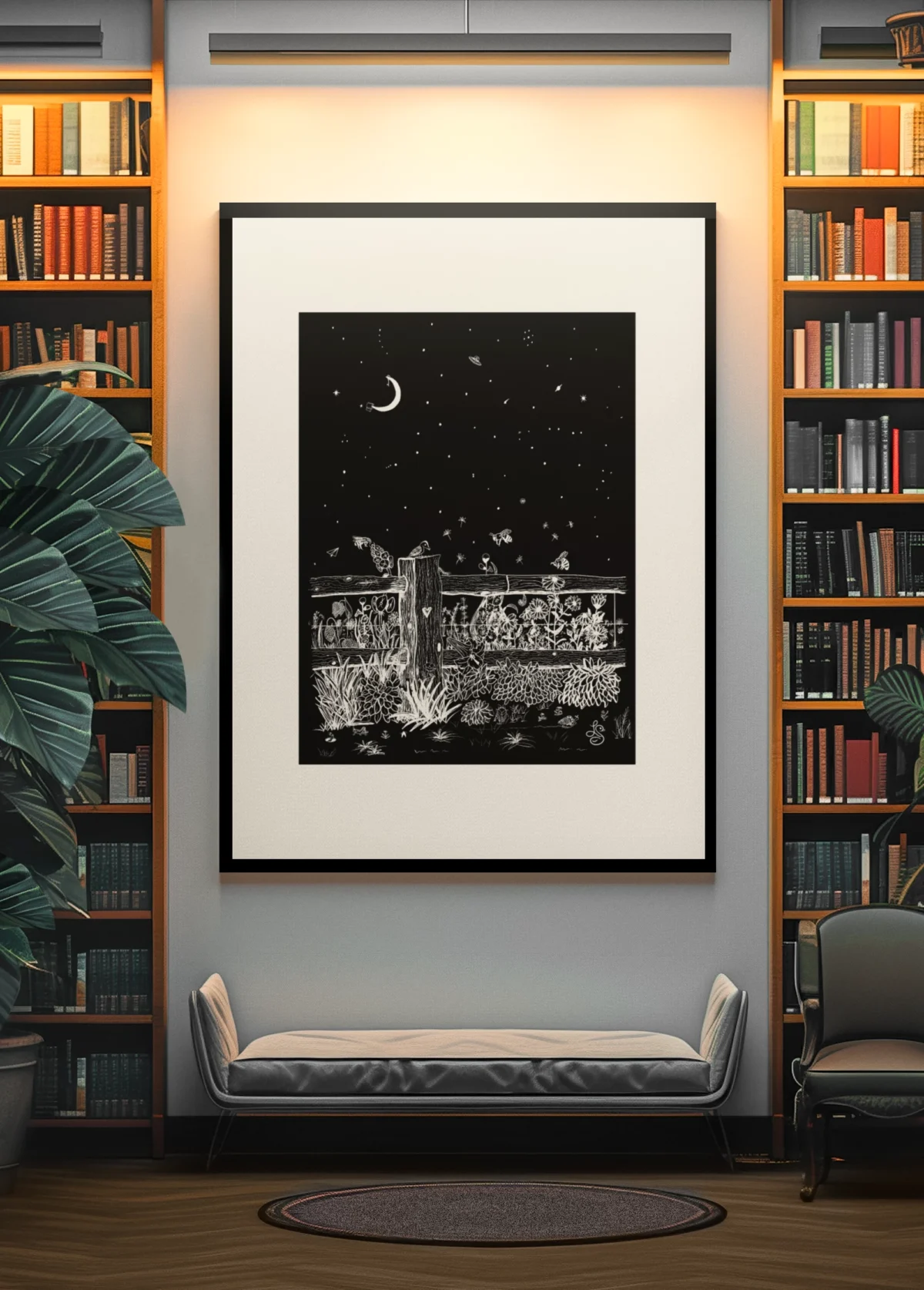 Fieldside After Dark | White on Black Botanical Wall Art | Hidden Object Line Art Print | 16x20