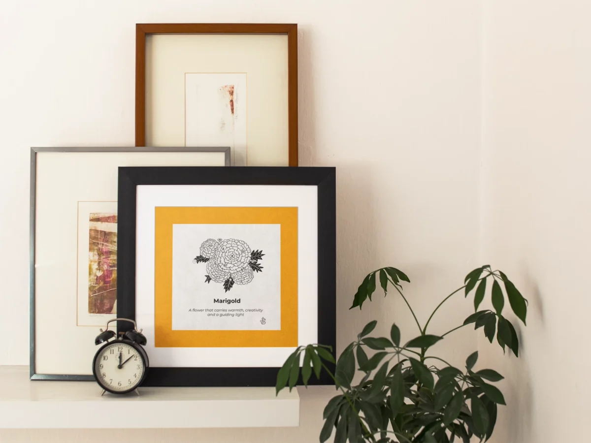 Marigold Inspiration | Botanical Line Art Print | Hidden Object Floral Wall Art | 8x8