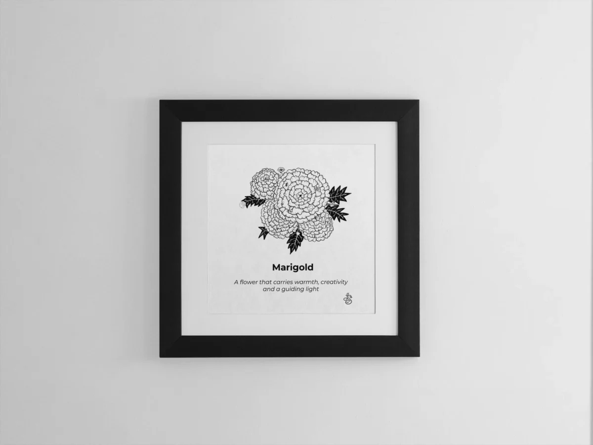 Marigold Inspiration | Botanical Line Art Print | Hidden Object Floral Wall Art | 8x8