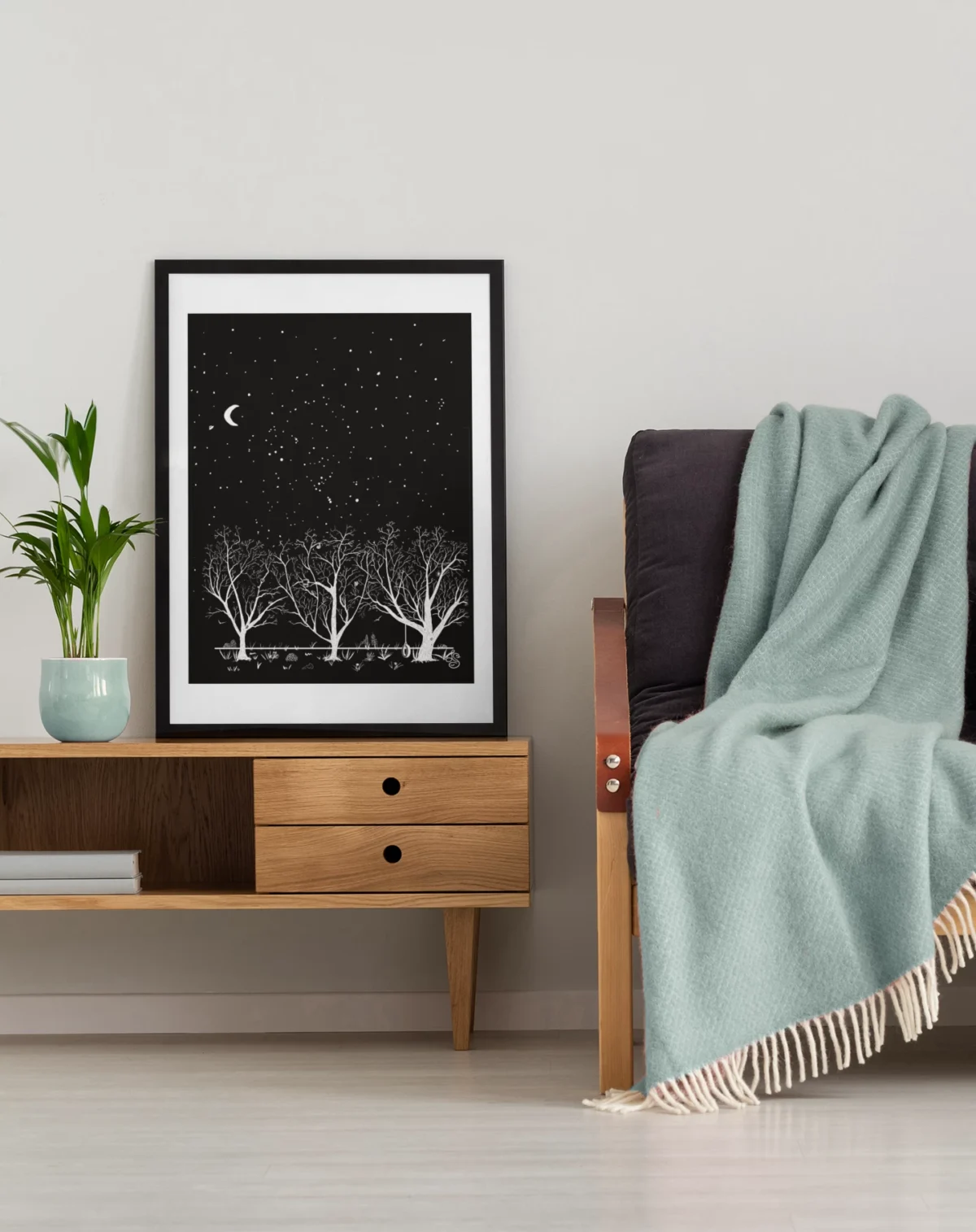 Midnight Mischief | White on Black Botanical Wall Art | Hidden Object Line Art Print | 16x20