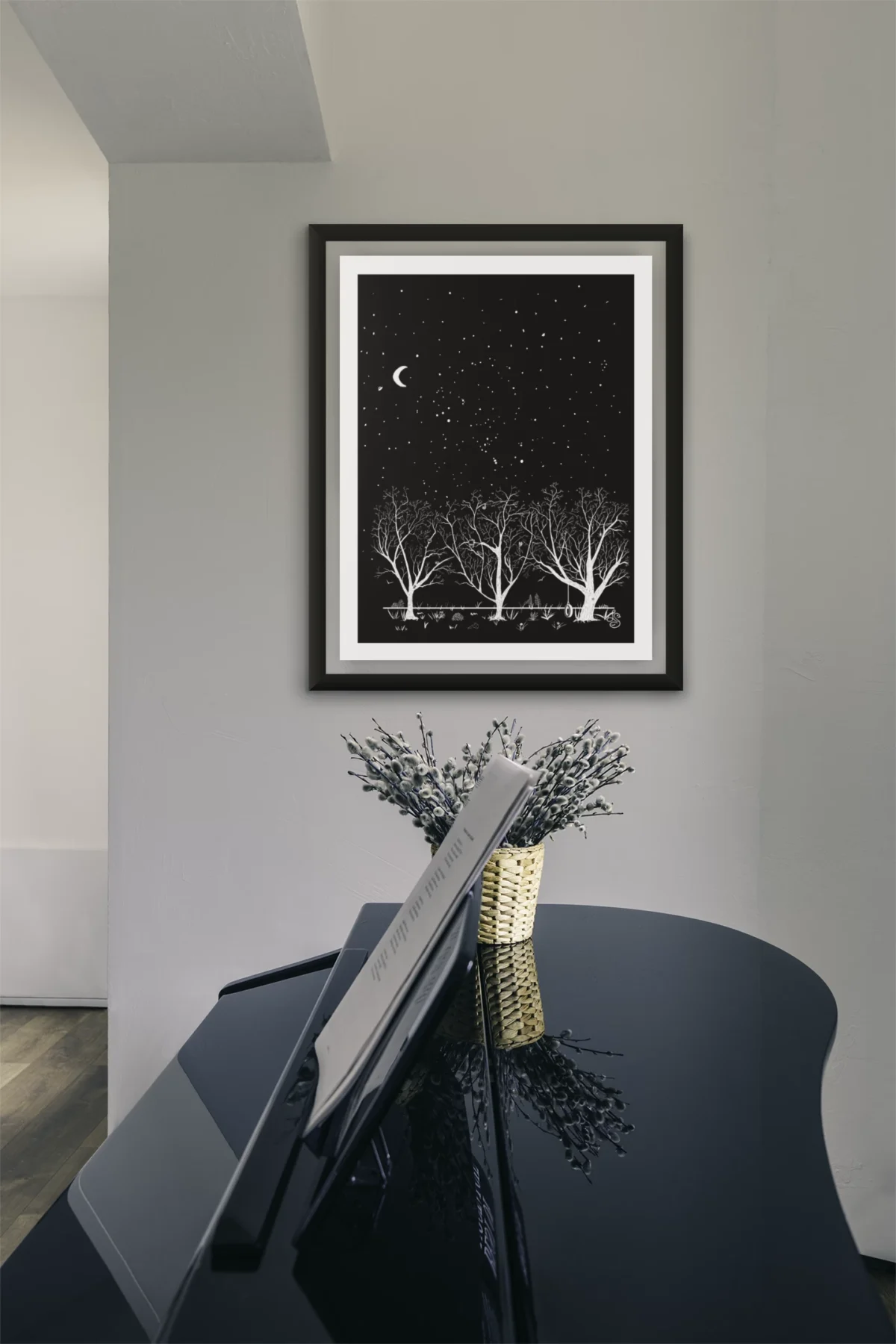 Midnight Mischief | White on Black Botanical Wall Art | Hidden Object Line Art Print | 16x20