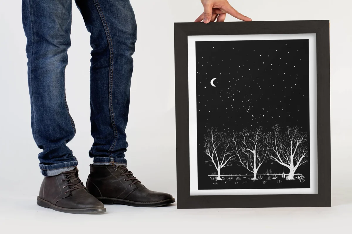 Midnight Mischief | White on Black Botanical Wall Art | Hidden Object Line Art Print | 16x20