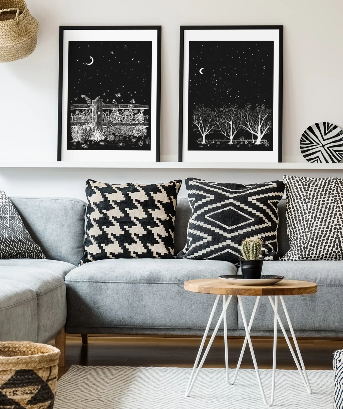 Midnight Mischief | White on Black Botanical Wall Art | Hidden Object Line Art Print | 16x20