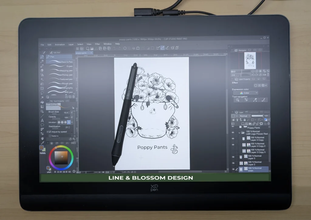 My XPPen Artist Pro 16" gen 2 drawing tablet and stylus sitting on my desk with Poppy Pant Punny Print open.