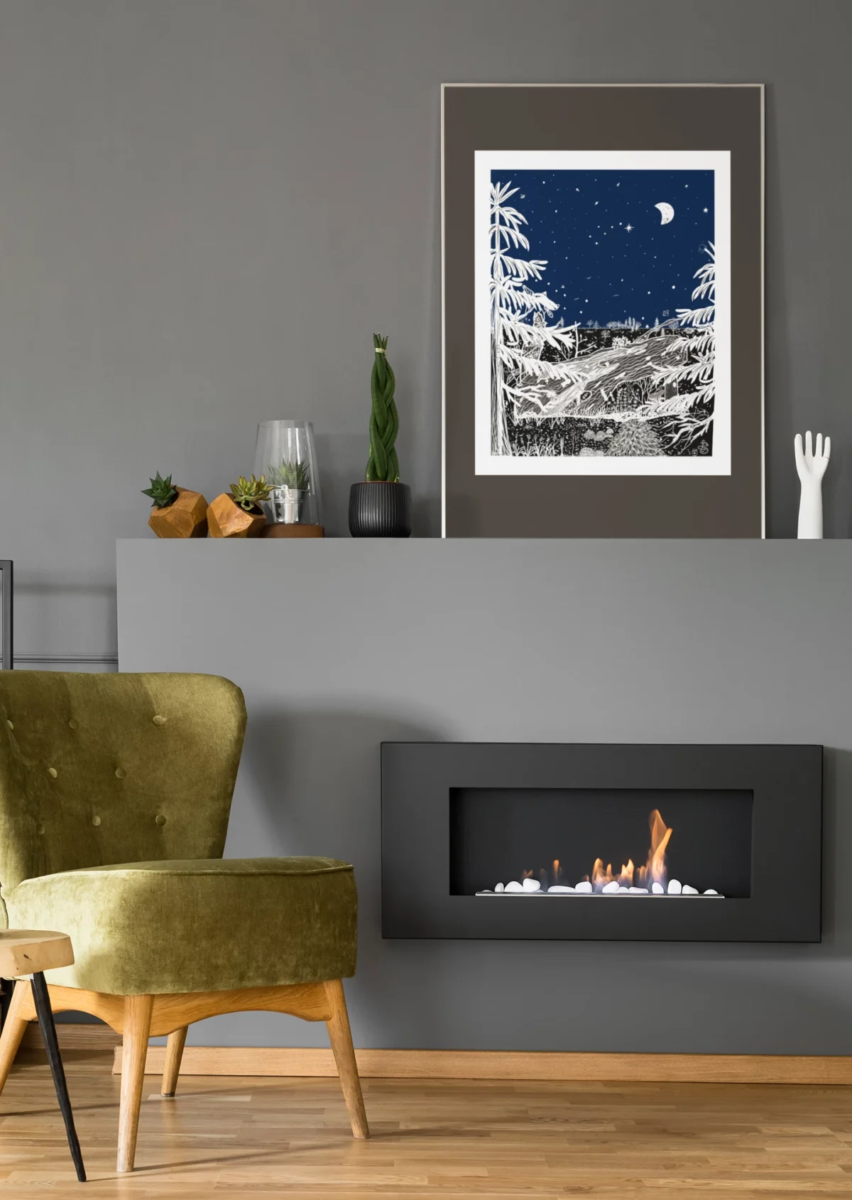 Autumn Before Dawn part of the Vintage Series by Line & Blossom Design framed and matted in a graphite tone on a mantle above a fireplace