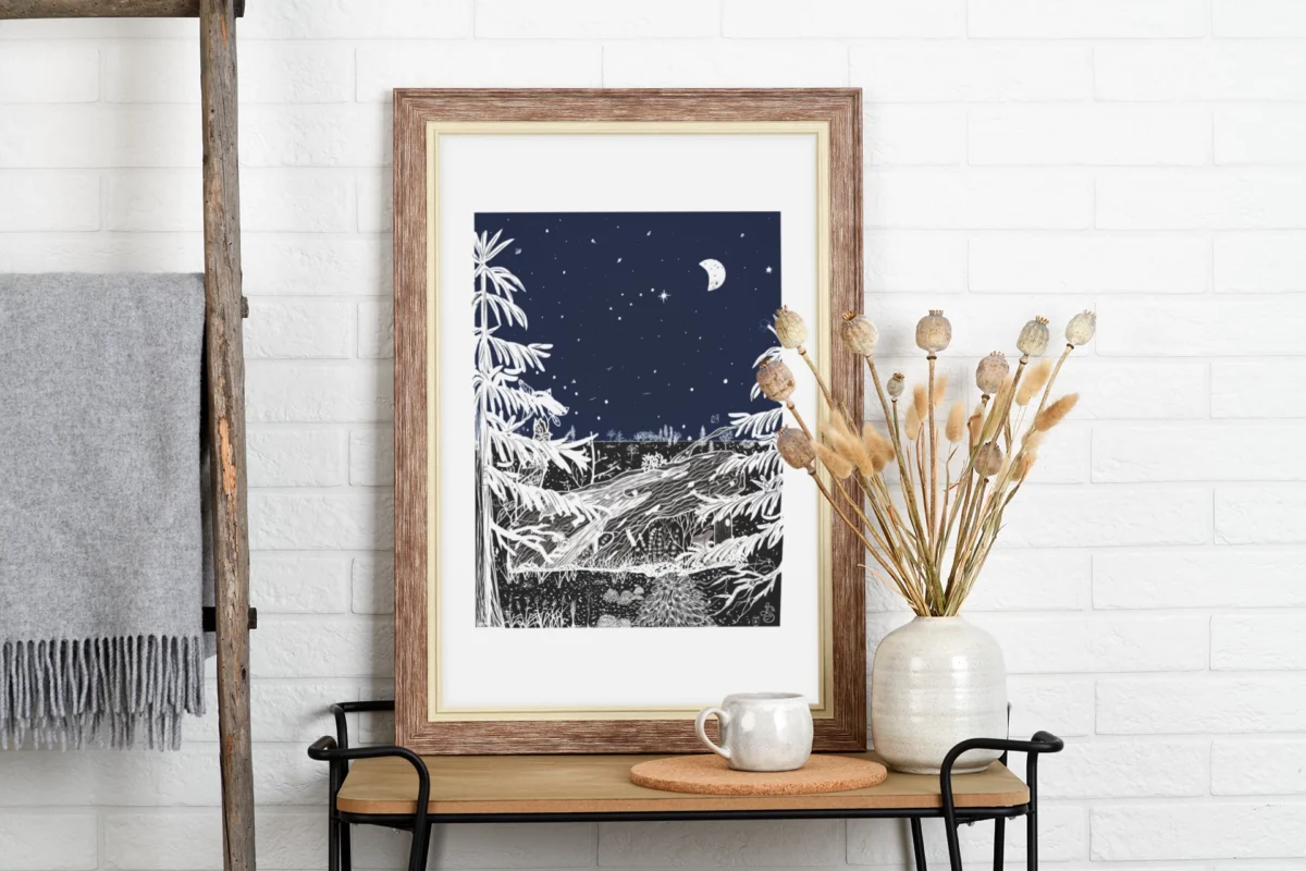 Autumn Before Dawn part of the Vintage Series by Line & Blossom Design framed with a white matte on a side table with decorative items