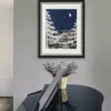 Autumn botanical print Autumn Before Dawn part of the Vintage Series by Line & Blossom Design framed with a white matte hung near a grand piano
