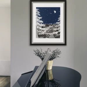 autumn-before-dawn-fine-art-archival-print-hidden-object-autumn-night-scene-line-and-blossom-piano Autumn botanical print Autumn Before Dawn part of the Vintage Series by Line & Blossom Design framed with a white matte hung near a grand piano