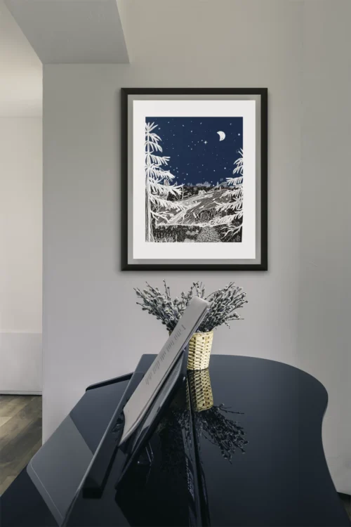 Autumn botanical print Autumn Before Dawn part of the Vintage Series by Line & Blossom Design framed with a white matte hung near a grand piano