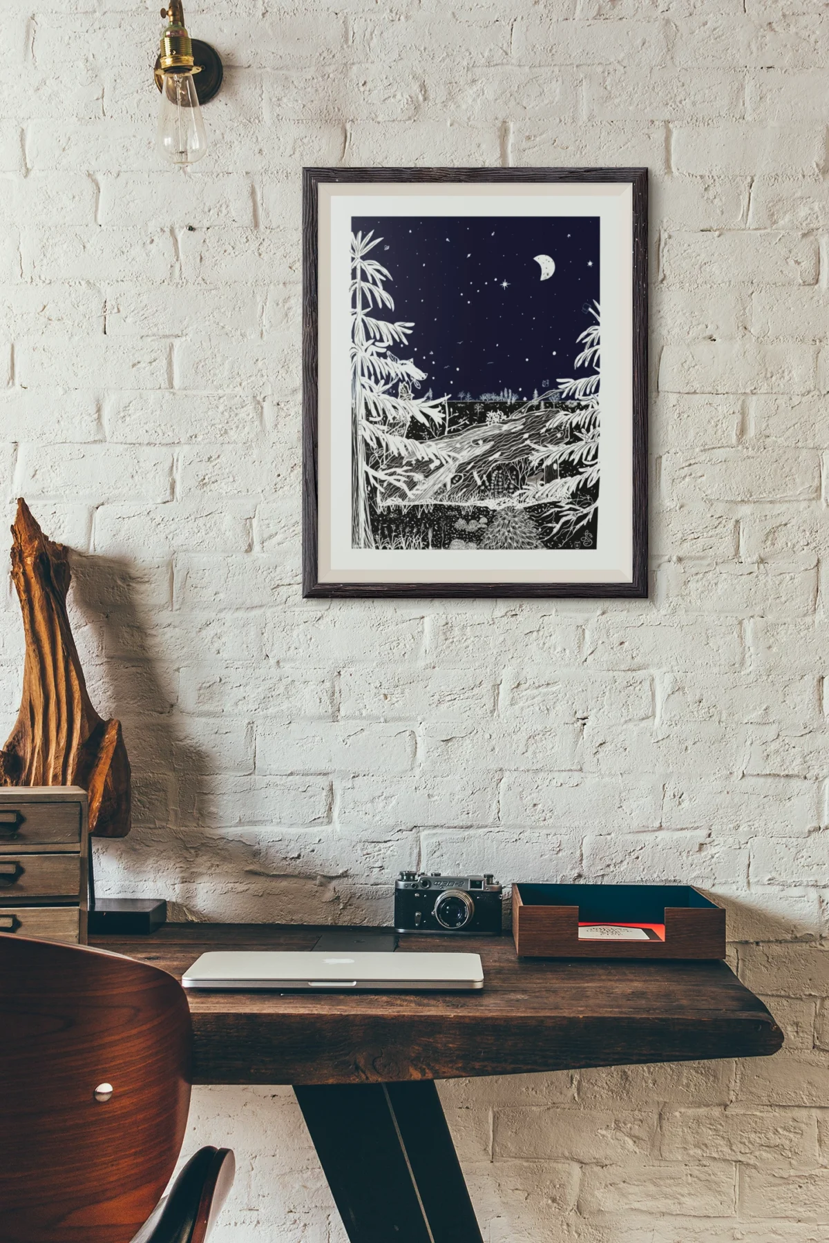 Autumn Before Dawn part of the Vintage Series by Line & Blossom Design framed and hung on white brick wall above a desk