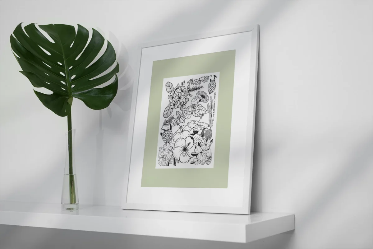 Boldly Blooming by Line & Blossom Design double matted beside a monstera leaf