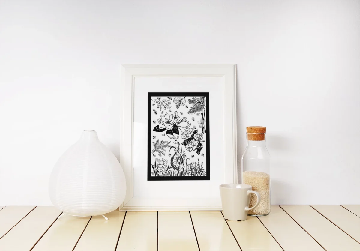 Fragrant Gathering by Line & Blossom Design simply framed surrounded by decorative items.