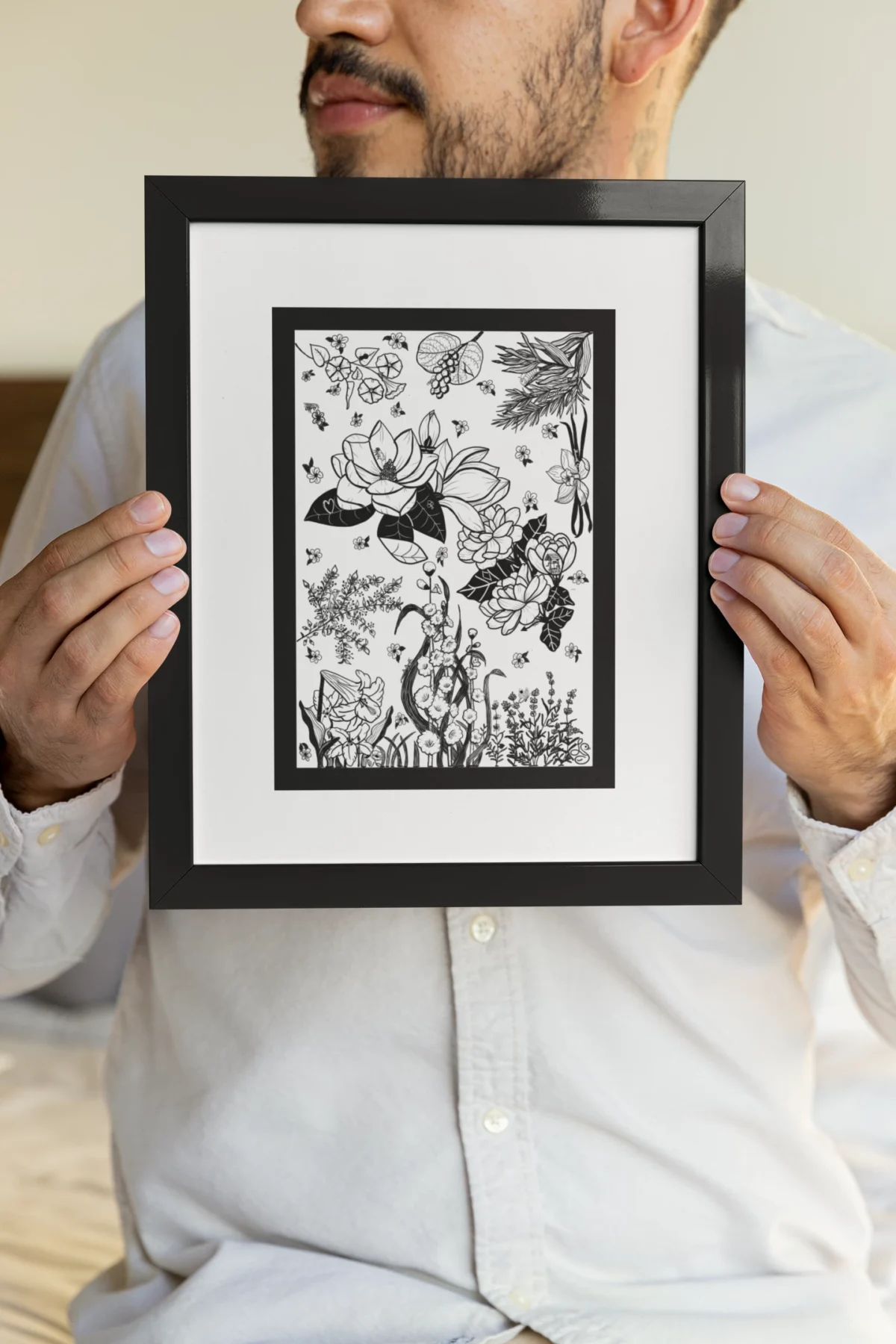 Fragrant Gathering by Line & Blossom Design show a man holding an 8x10 frame matted to 5x7 closeup.