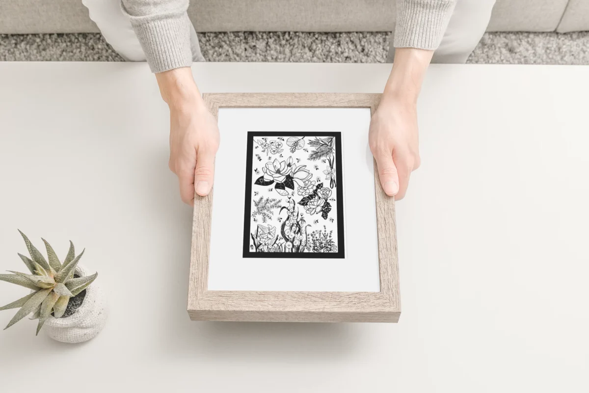 Fragrant Gathering by Line & Blossom Design shows a woman's hands holding an 8x10 frame matted to 5x7
