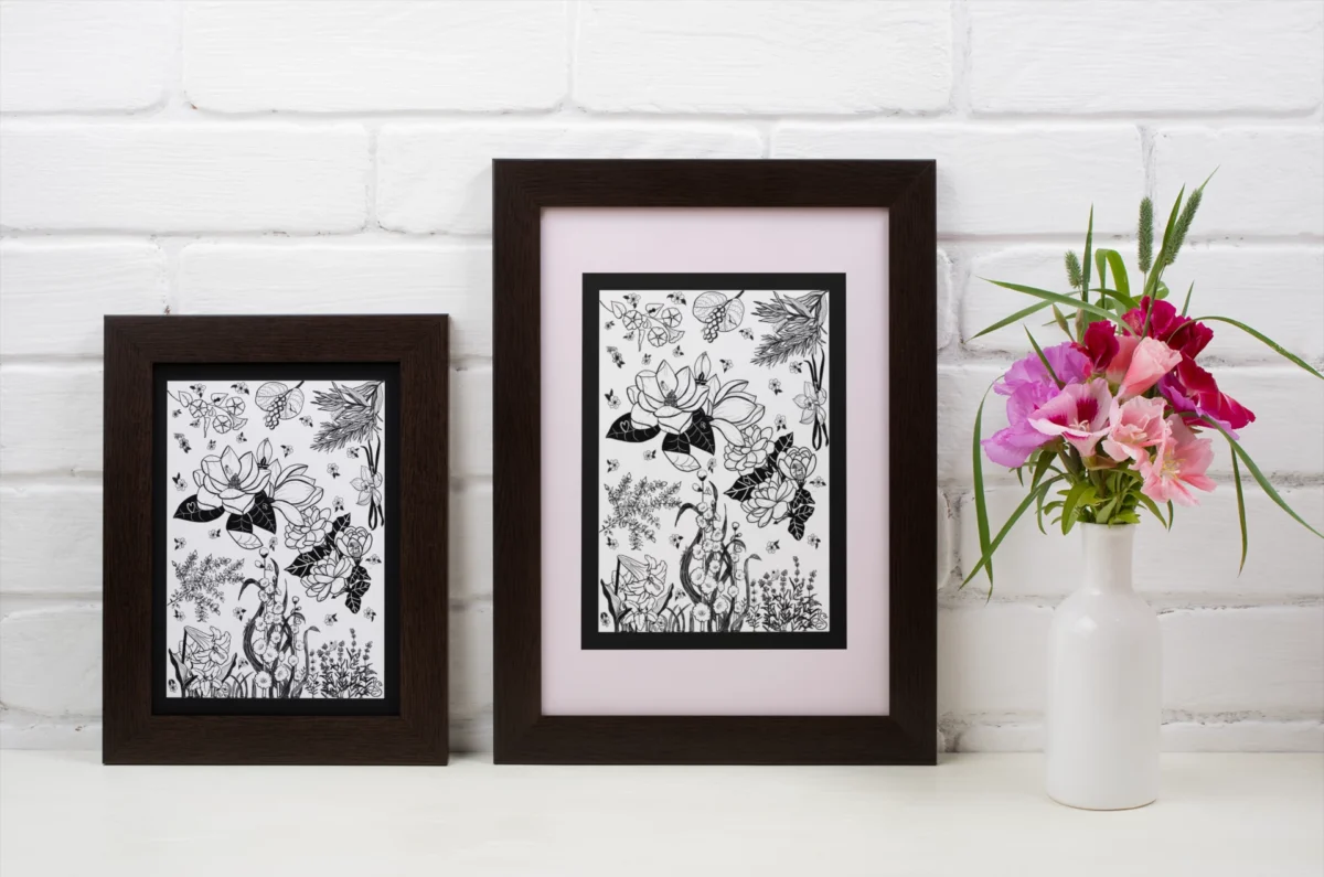 Fragrant Gathering by Line & Blossom Design showing 2 frame options for the 5x7 art.