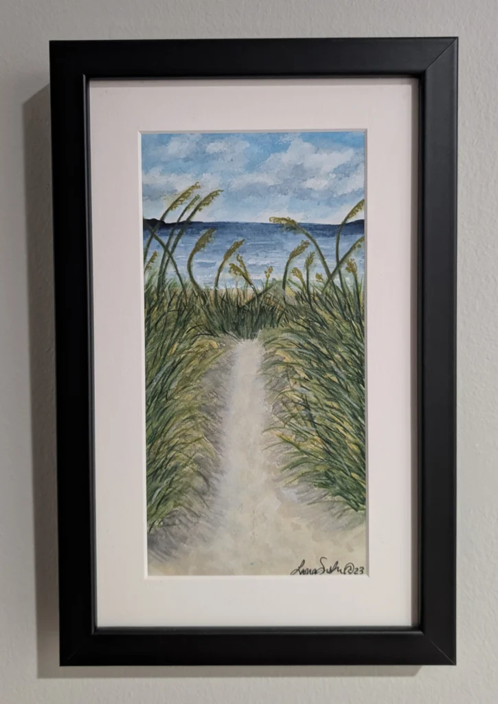 Artistic scene of a path to the beach by Leona Smith @ Line & Blossom Design that used multiple art supplies.