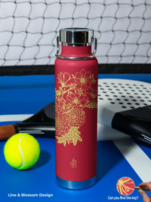 drifting-blossoms-22oz-copper-insulated-water-bottle-line-and-blossom-gold-ink-red-bottle floral insulated water bottle