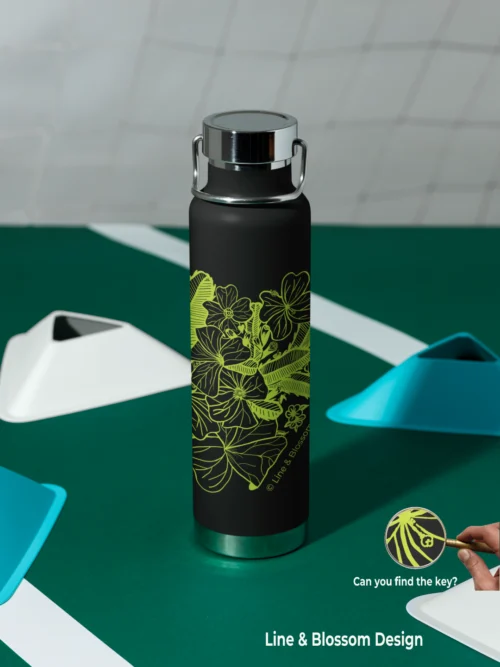 drifting-blossoms-22oz-copper-insulated-water-bottle-line-and-blossom-kiwi-ink-black-bottle floral insulated water bottle