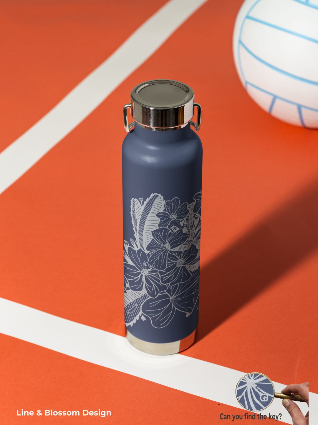 drifting-blossoms-22oz-copper-insulated-water-bottle-line-and-blossom-silver-ink-navy-bottle floral insulated water bottle