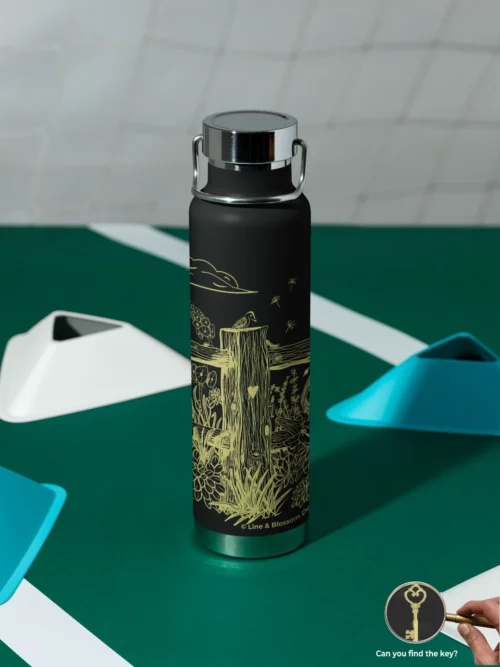 fieldside-afternoon-22oz-copper-insulated-water-bottle-line-and-blossom-gold-ink-black-bottle botanical insulated water bottle