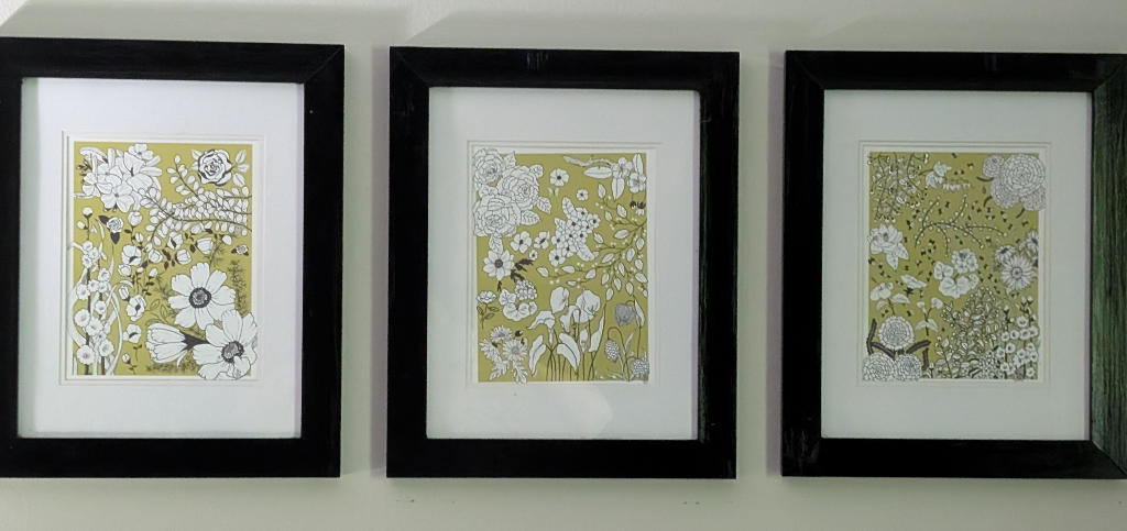 The Botanic Series in Kiwi Colada in the same frames that once held The Sky, Grass, & Sun Collages.