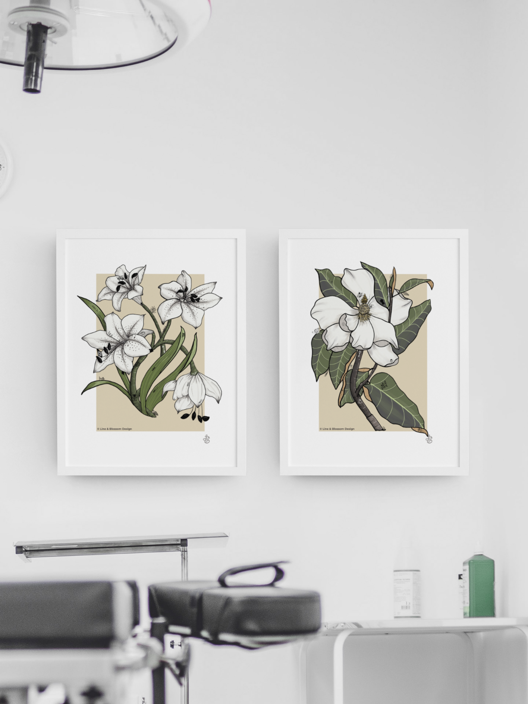 Behind The Veil Lily & Magnolia framed and hanging in a medical office