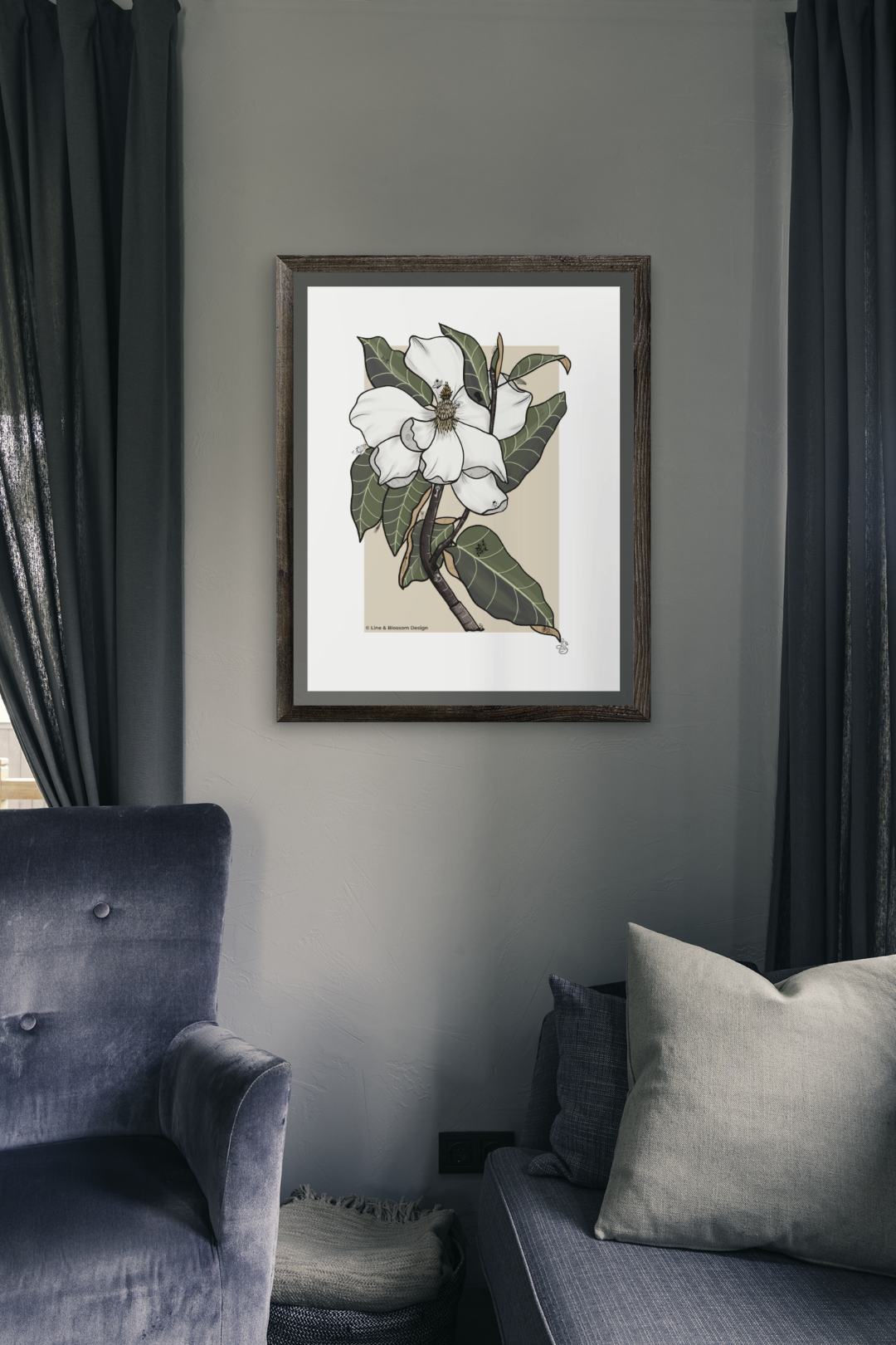 Magnolia Behind the Veil | Botanical Magnolia Print | 11x14 Giclée Archival Print | Line & Blossom Design